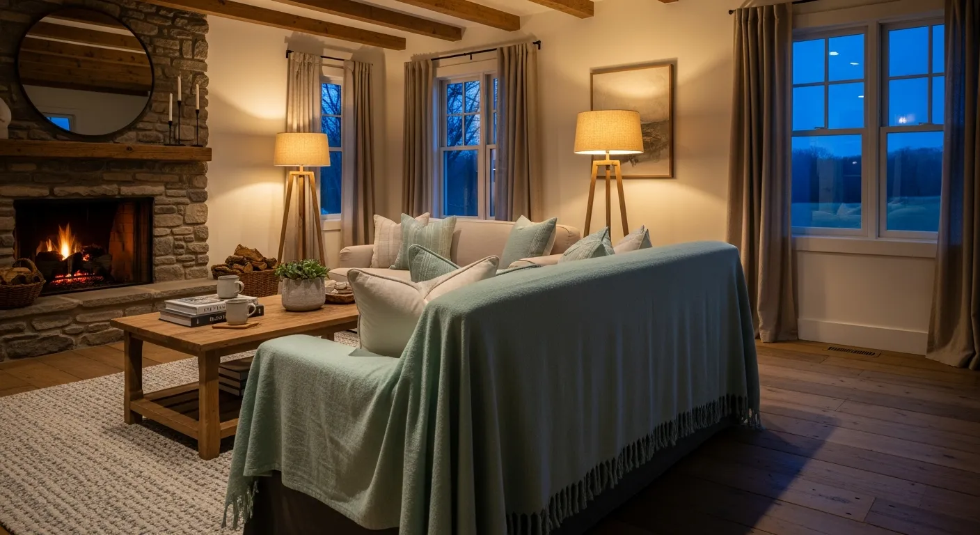 White rustic furniture set against pastel mint walls in a cozy living room