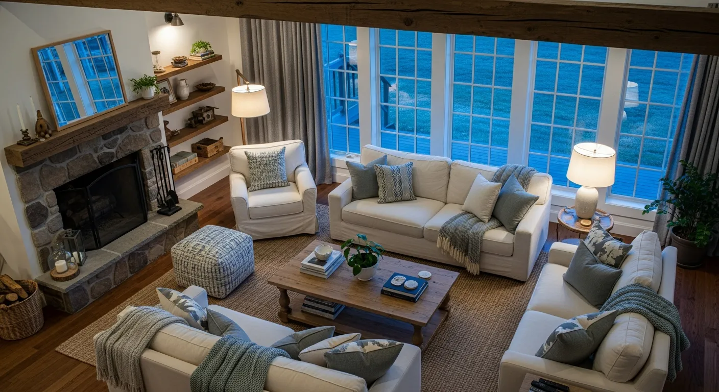 White textiles and rustic wood furniture against pastel mint walls in a farmhouse living room