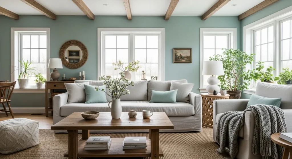 Bright farmhouse living room featuring soft pastel mint walls and rustic wood accents