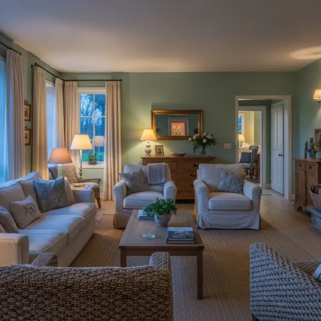 Cozy farmhouse living room featuring pastel mint walls, beige sofa, and rustic wood accents