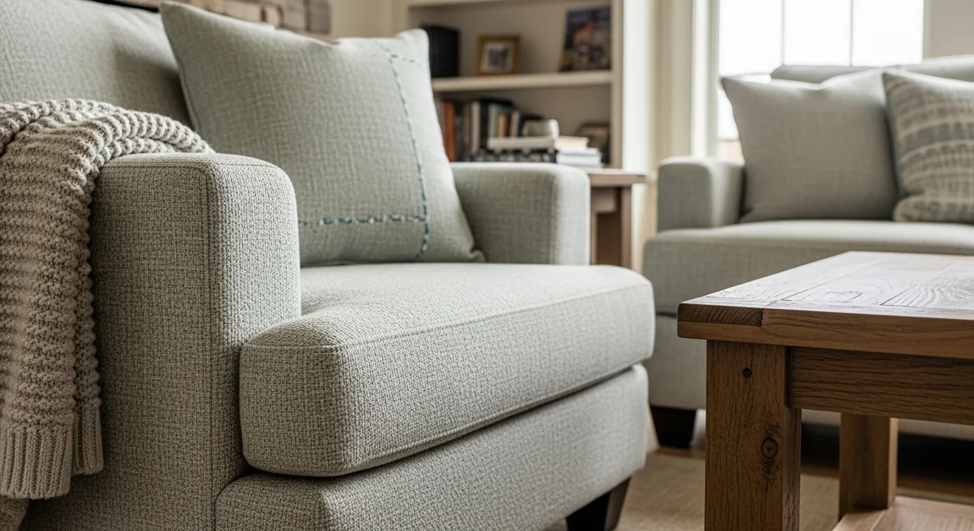 Pastel mint sofa paired with rustic coffee table in a modern farmhouse setting