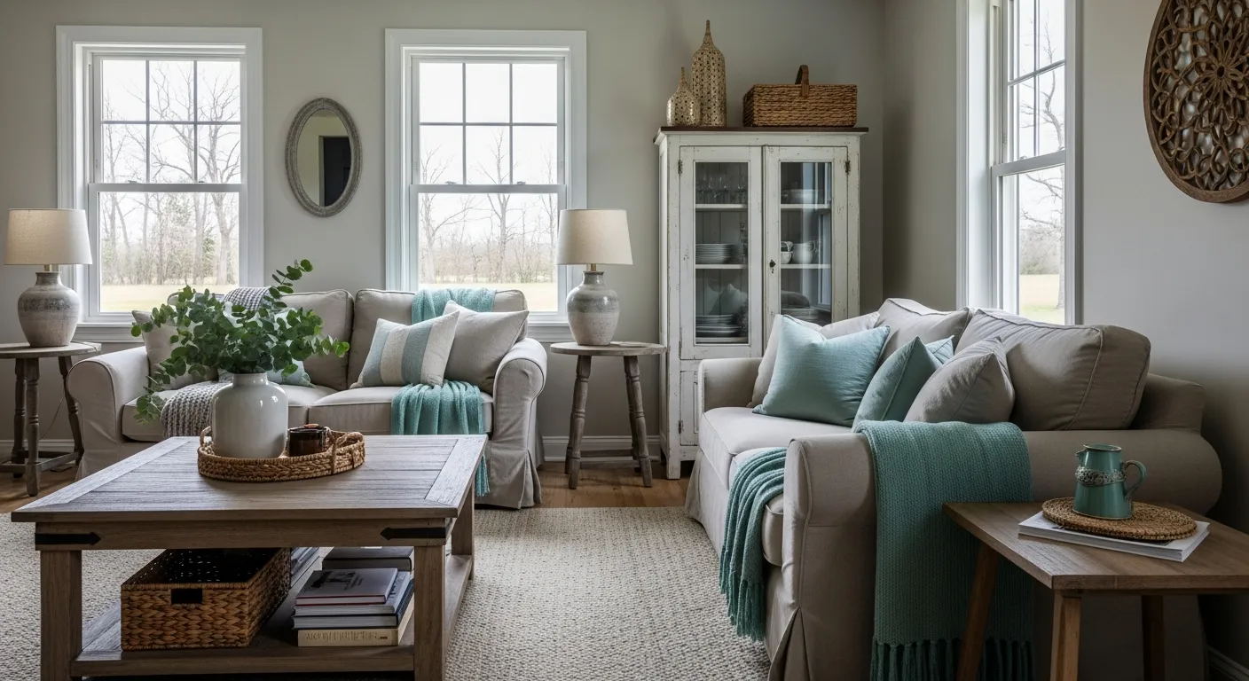 Cozy farmhouse living room featuring pastel mint furniture and distressed wood accents