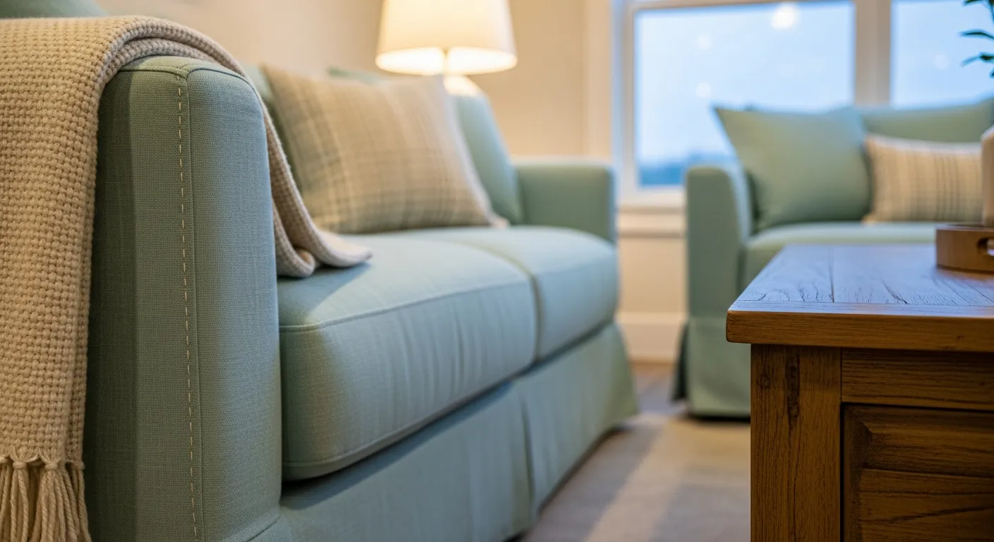 Rustic wooden beams and beige sofa pairing with pastel mint walls for modern farmhouse living room ideas