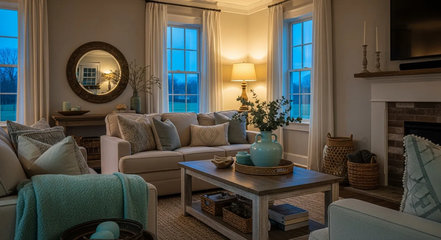 Color palette inspiration showing pastel mint paint with distressed wood textures in a farmhouse living room