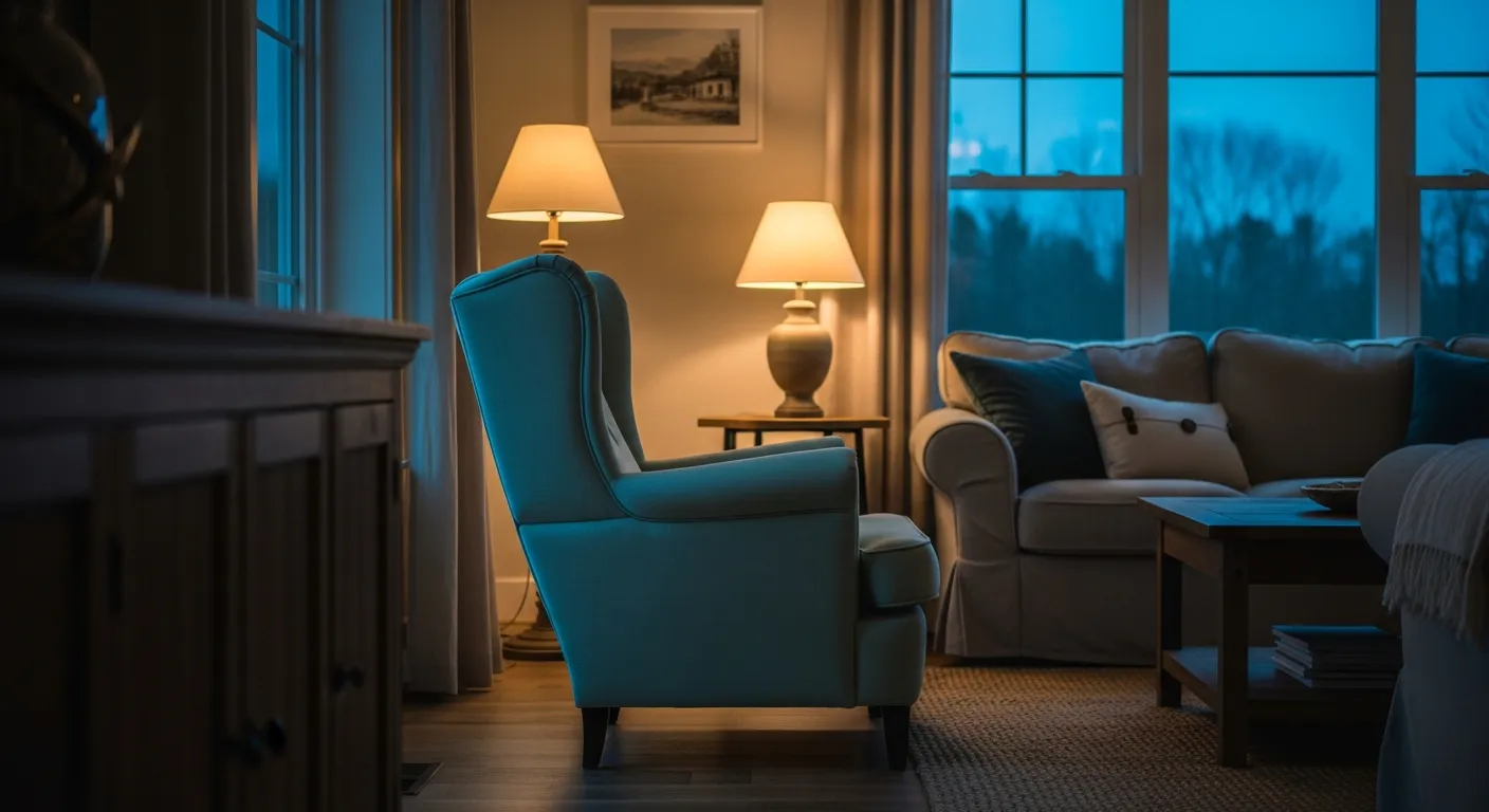 Full view of a pastel mint farmhouse living room interior with white furniture and wood floors