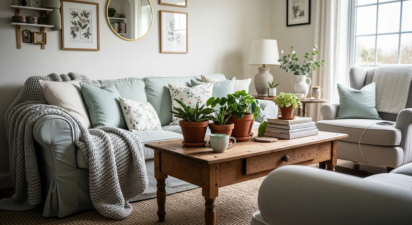 Styled vignette with mint decor and rustic wood textures for farmhouse living room ideas