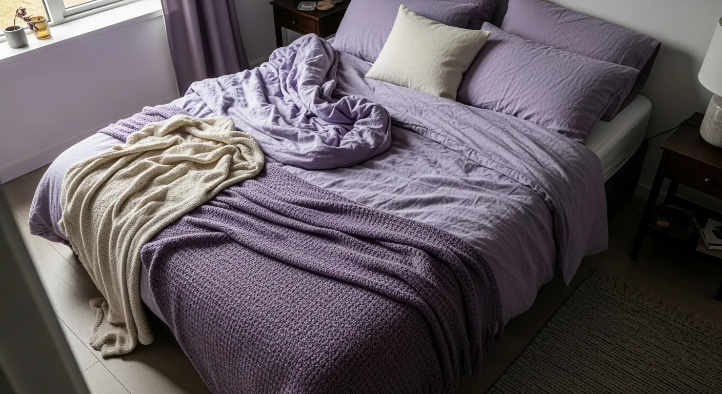 Vintage wooden furniture contrasting with pastel purple bedding