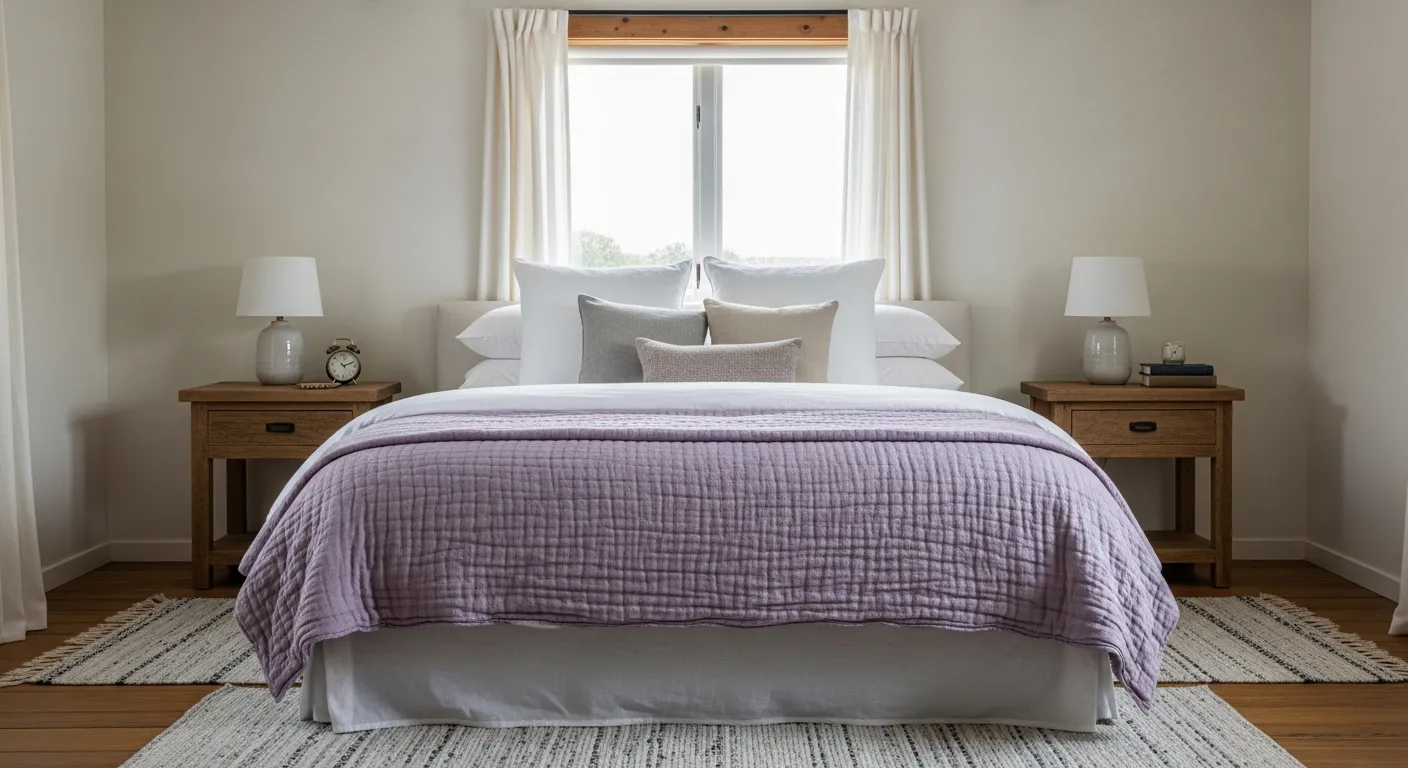 Rustic white wood furniture in a purple farmhouse bedroom setting