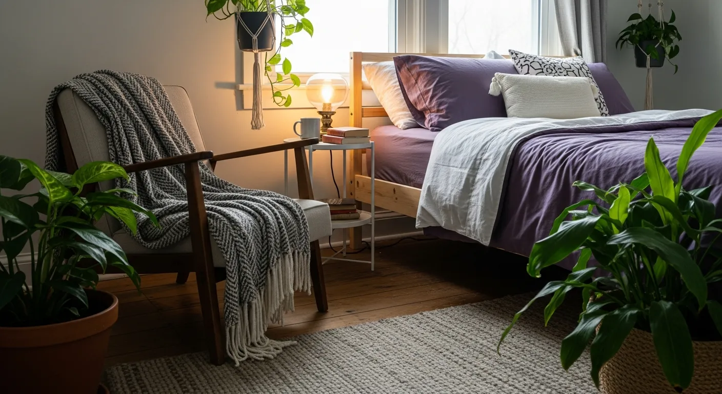 Airy farmhouse bedroom with lavender linens and rustic wood accents
