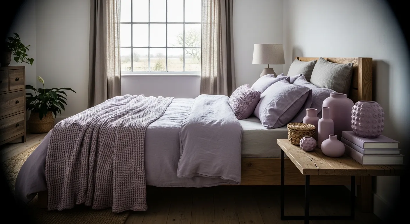 White shiplap walls with pastel purple bedding for romantic farmhouse bedroom ideas