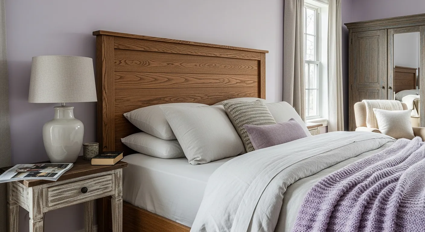 Serene farmhouse bedroom ideas with purple walls and rustic decor