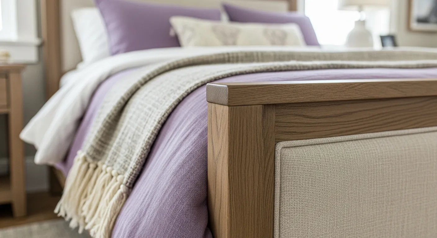 Farmhouse bedroom ideas showcasing rustic wood furniture and lavender accents