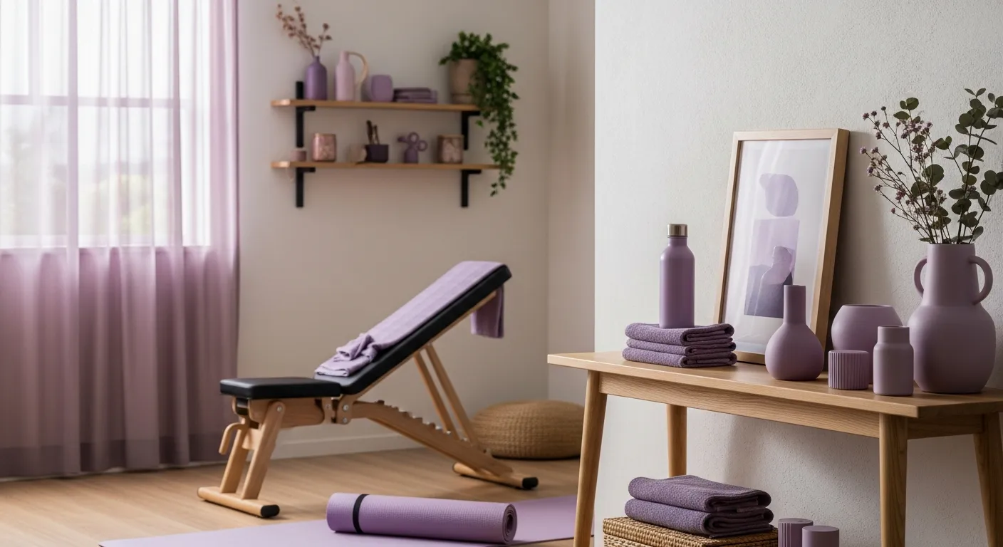 Japandi color palette home gym showing pastel purple walls contrasting with warm wood