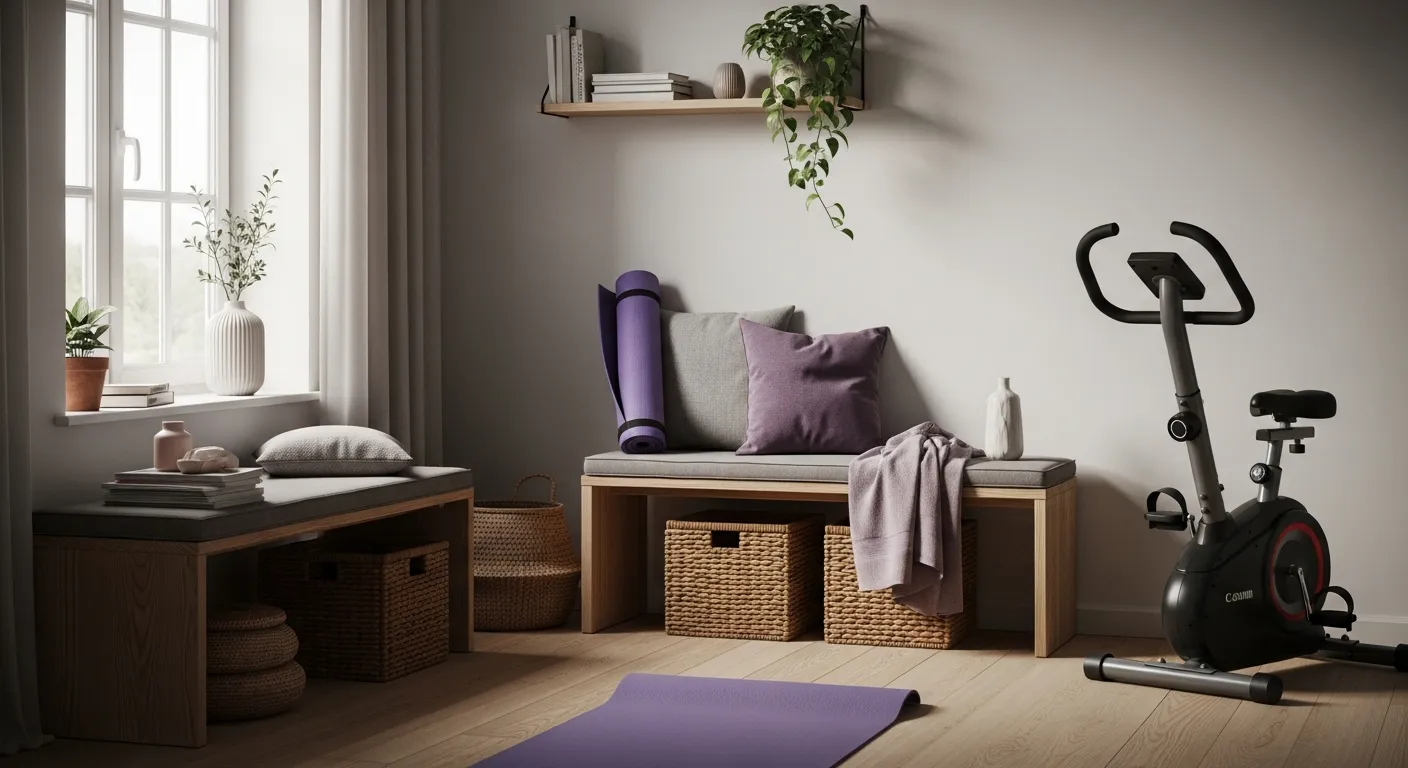 Minimalist gym styling with mirrors and pastel purple accents