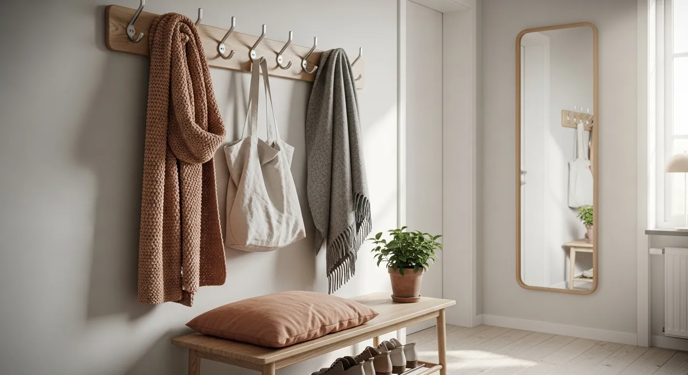 Scandi Entryway ideas featuring a peach runner rug and light wood bench
