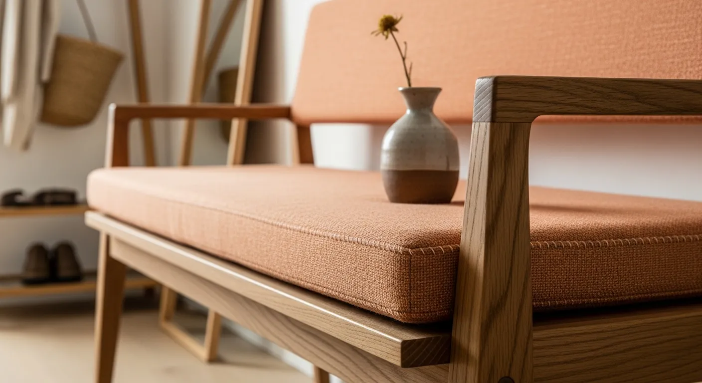 Minimalist Scandi Entryway ideas with a wooden bench against a peach wall