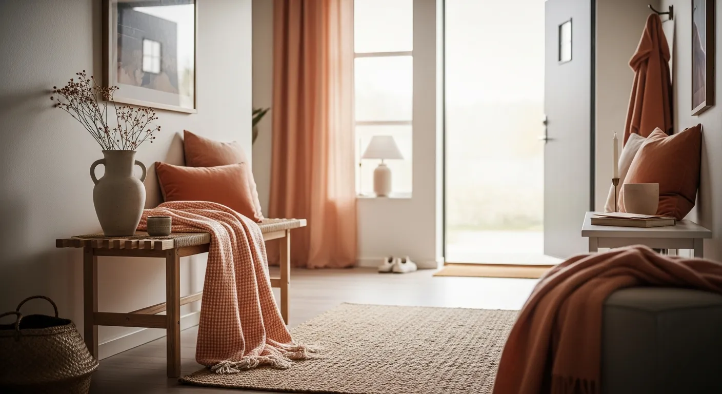 Bright Scandi Entryway ideas showing peach feature wall and wood accents