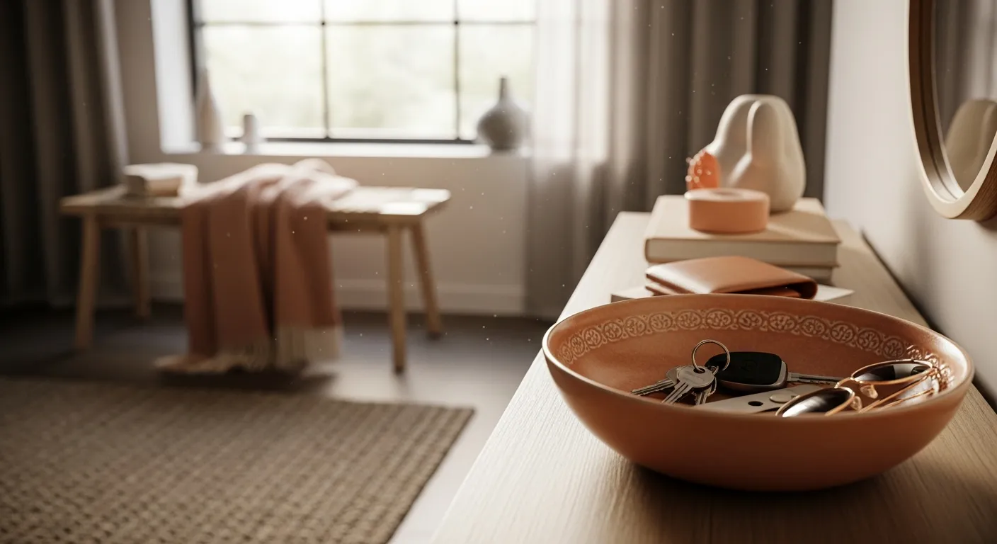 Implementation of Scandi Entryway ideas with peach walls and minimalist furniture