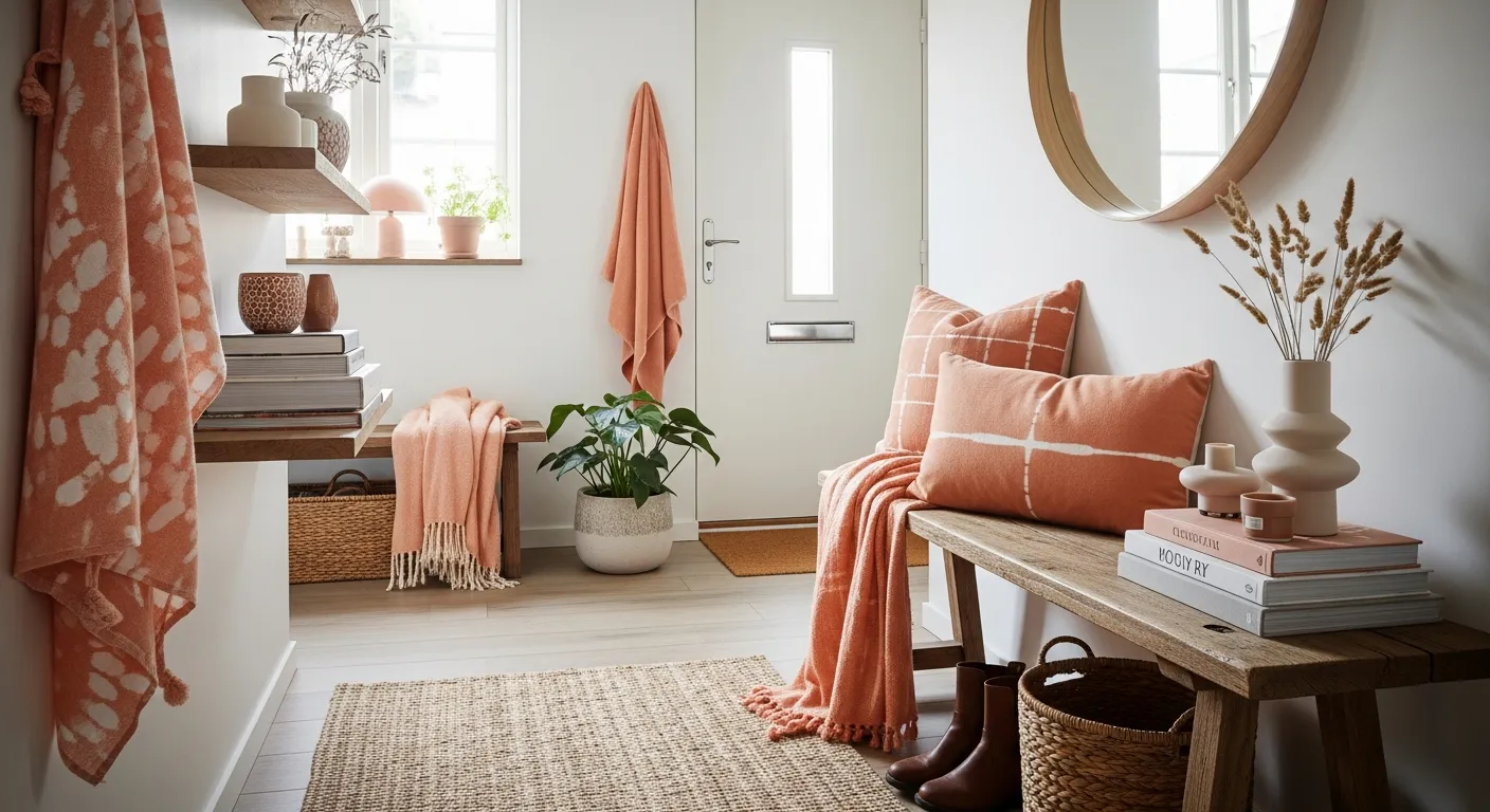 Styling decor for Scandi Entryway ideas featuring light oak bench and peach wall