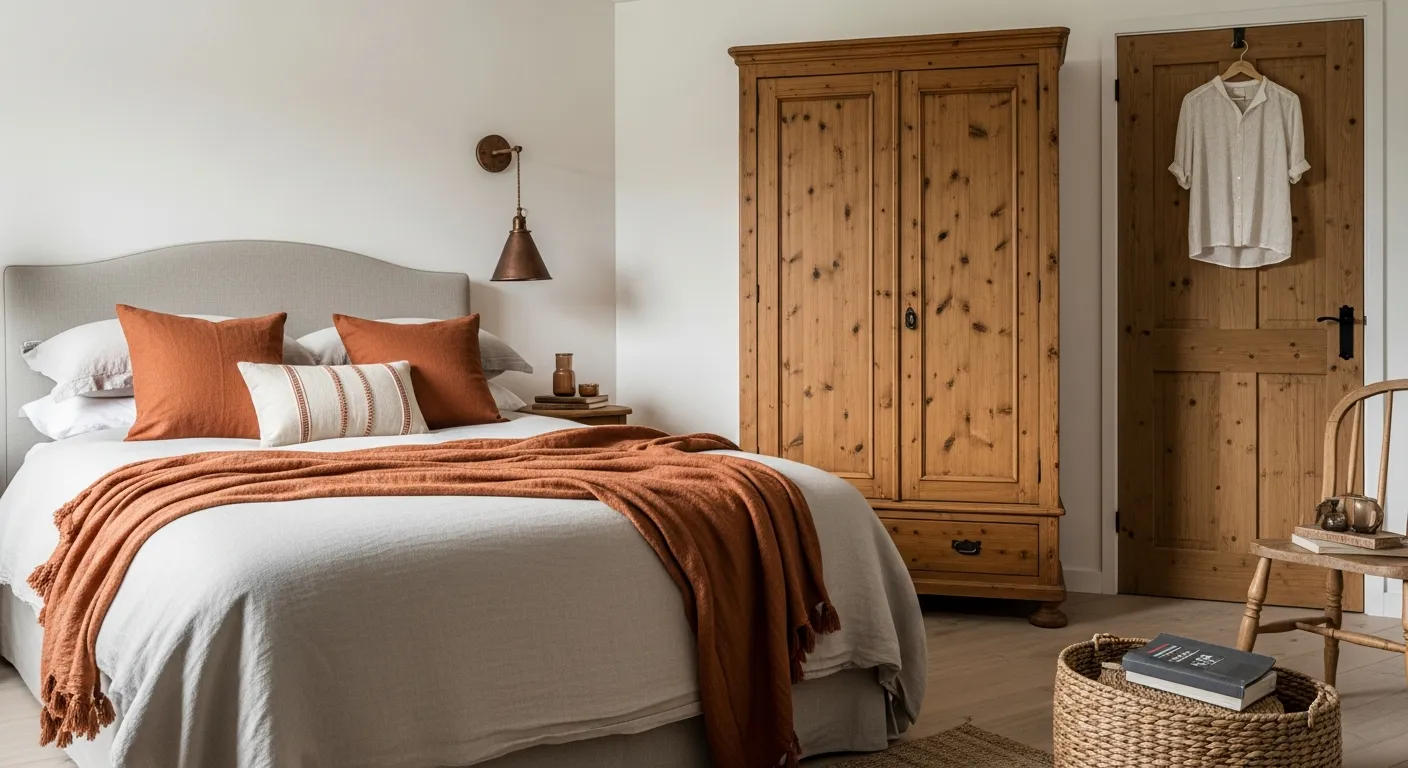 Rich rust and copper tones in farmhouse bedroom ideas for fall and winter
