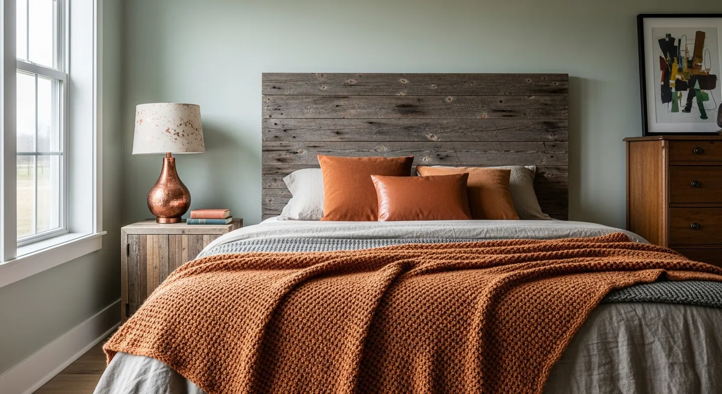 Detail shot of copper lamps and rustic wood in farmhouse bedroom ideas