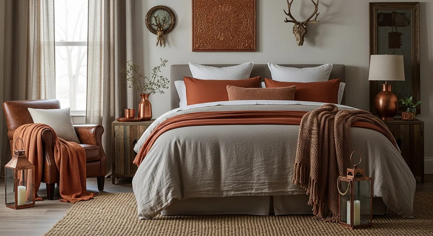 Color palette inspiration for farmhouse bedroom ideas featuring copper and cream