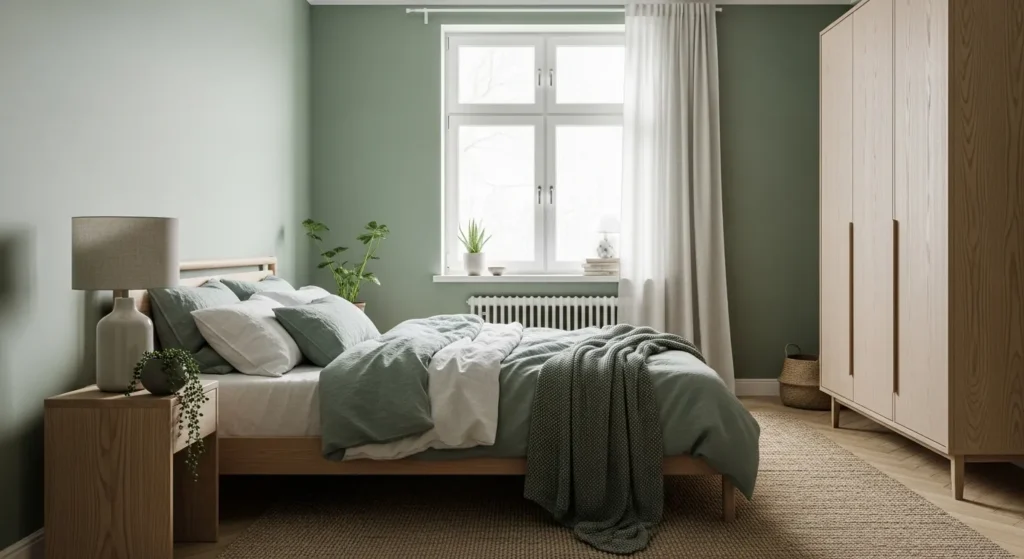 Minimalist Japandi bedroom featuring sage green walls and low profile wooden furniture