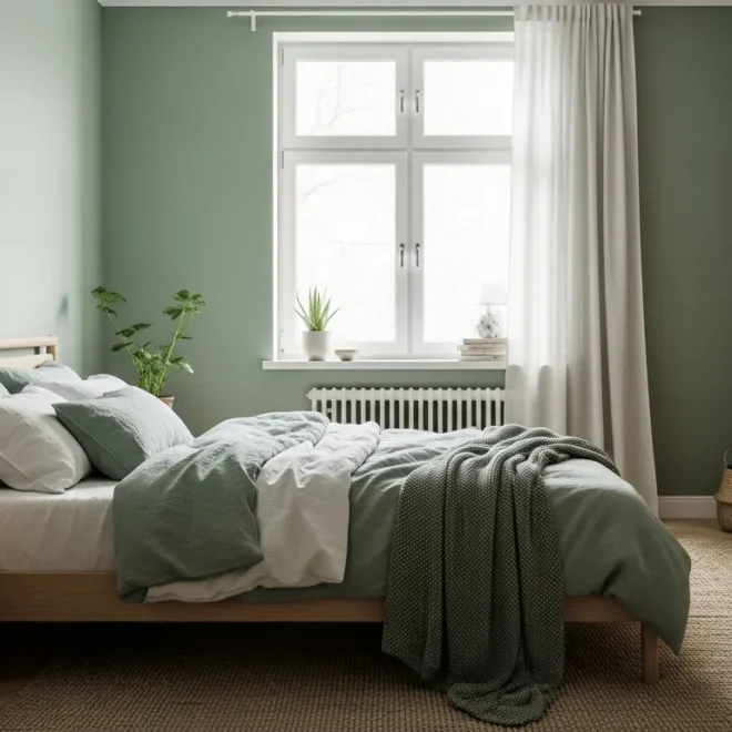 Minimalist Japandi bedroom featuring sage green walls and low profile wooden furniture
