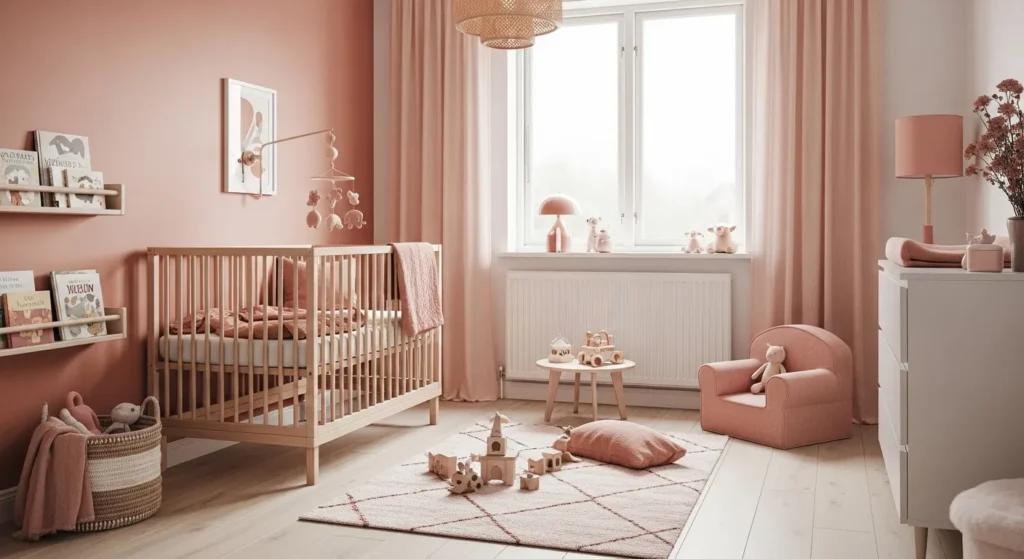 A cozy Scandinavian nursery featuring blush pink accents and light wood furniture