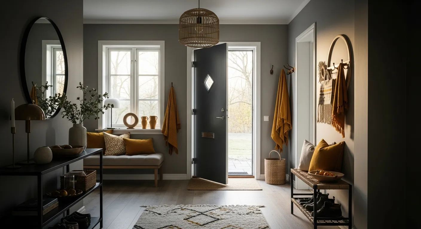 Warm color palette inspiration for Scandi Entryway ideas with wood and mustard