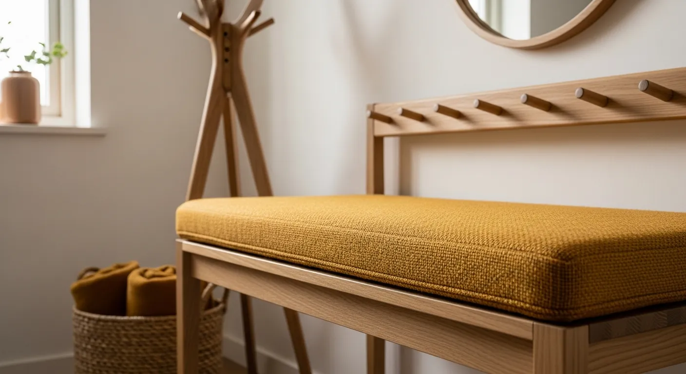 Modern Scandi Entryway ideas with mustard textiles and light wood bench