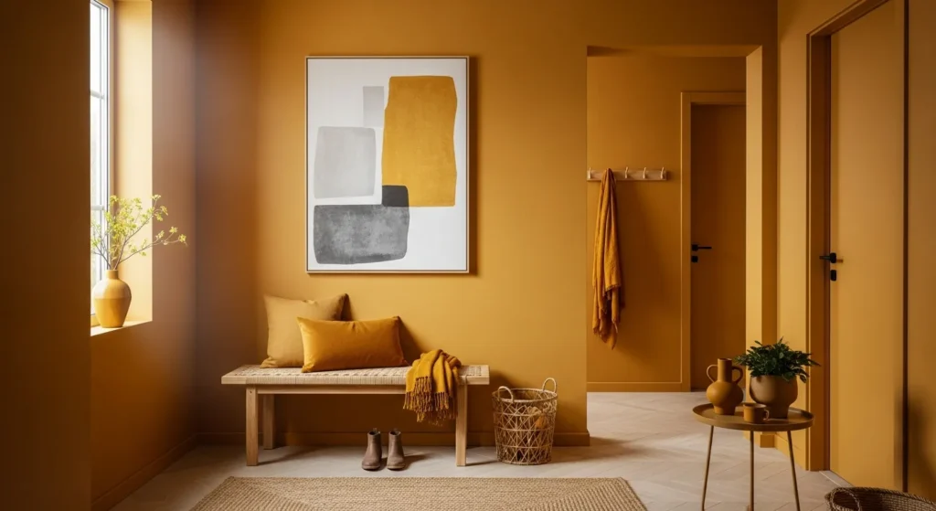 Bright Scandinavian entryway featuring a mustard yellow bench and minimalist light wood wall hooks
