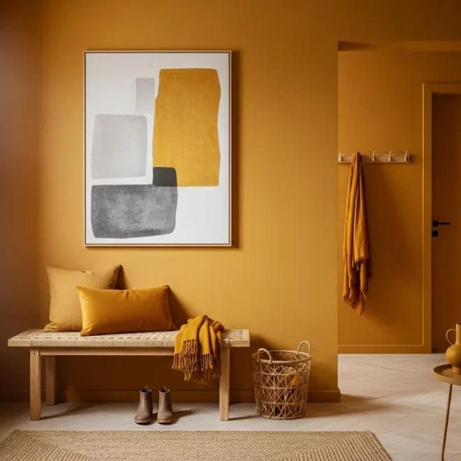 Bright Scandinavian entryway featuring a mustard yellow bench and minimalist light wood wall hooks