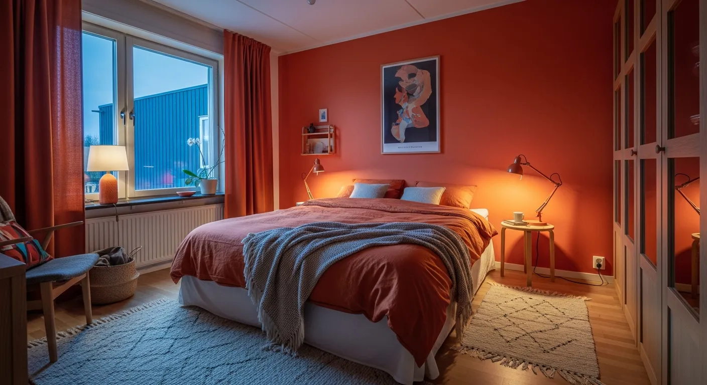 Psychology of color in Scandi Bedroom ideas featuring burnt orange bedding