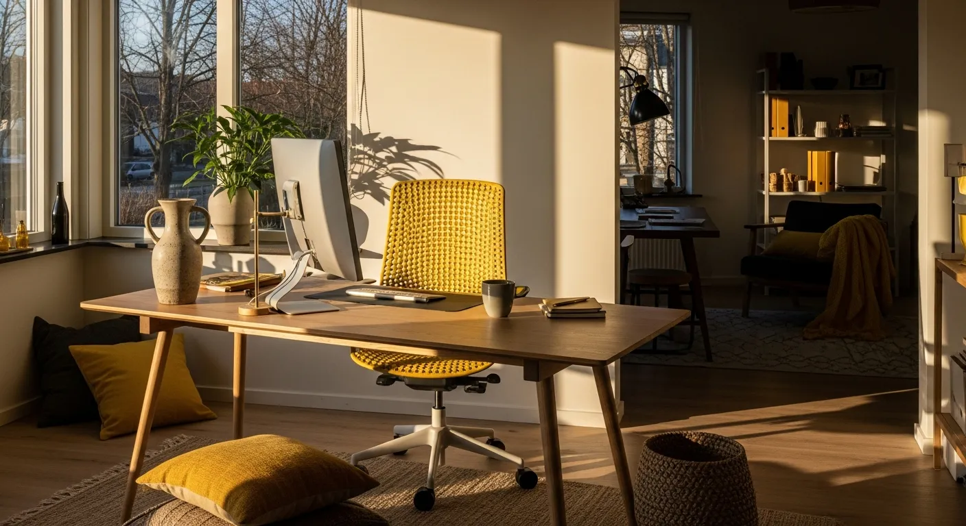 Vibrant yellow accents in a Nordic style home office setup