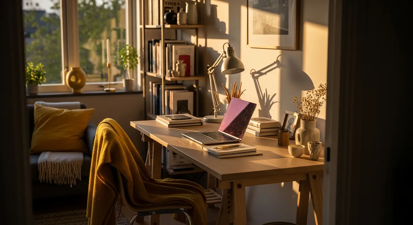 Light wood desk in a yellow themed Scandinavian workspace