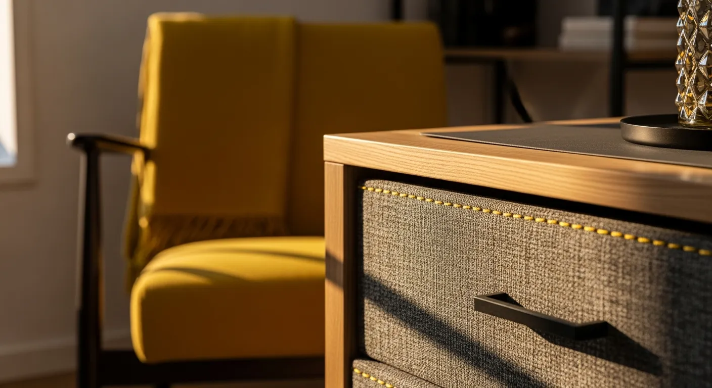 Modern Scandinavian home office featuring yellow accent wall and white desk
