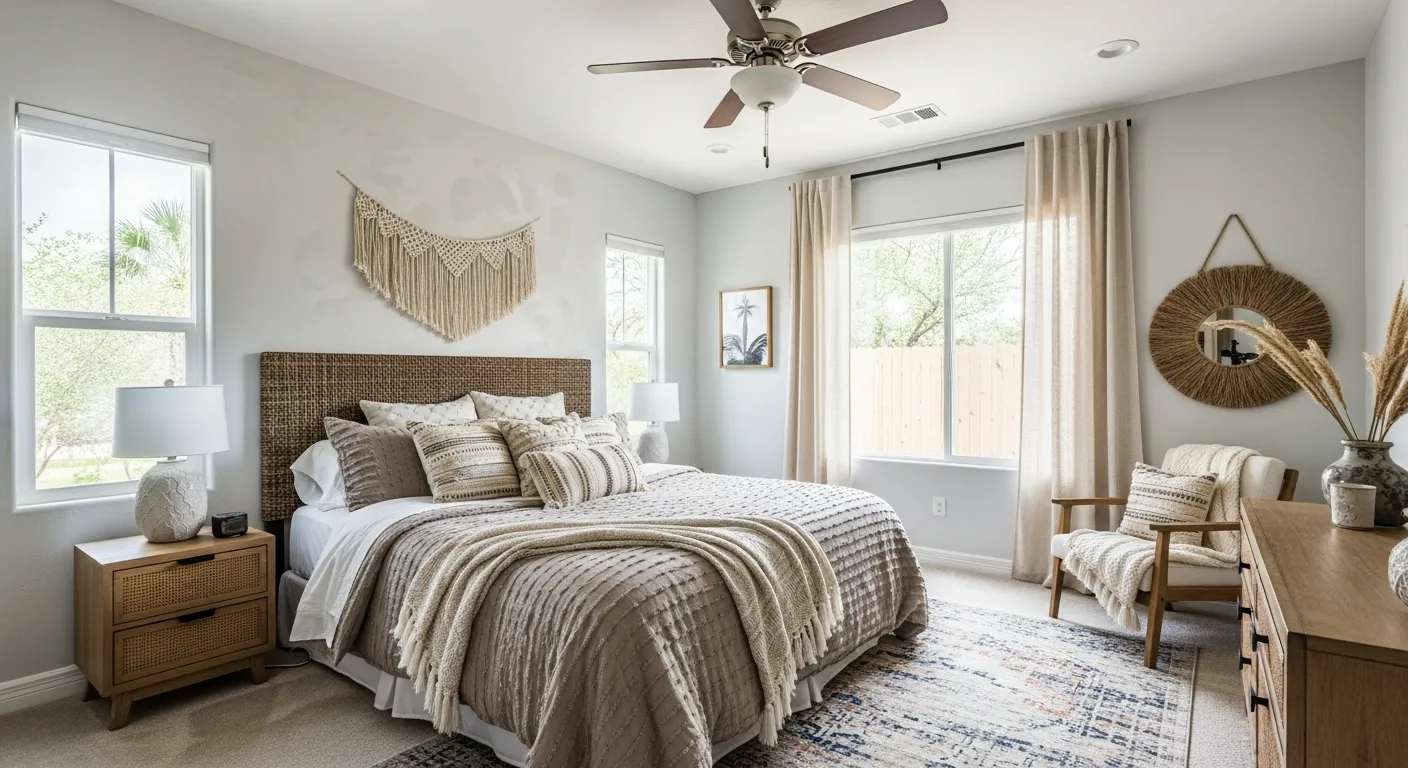 Cozy bohemian bedroom ideas with layered taupe textiles and rattan
