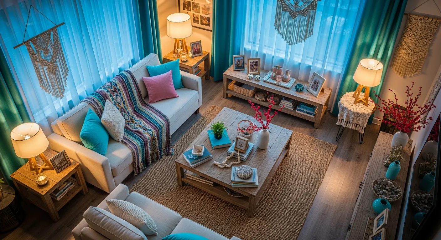 Bohemian Living Room ideas featuring a turquoise feature wall and layered rugs