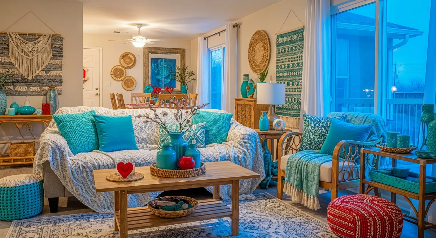 Turquoise sofa and macrame wall art illustrating vibrant Bohemian Living Room ideas