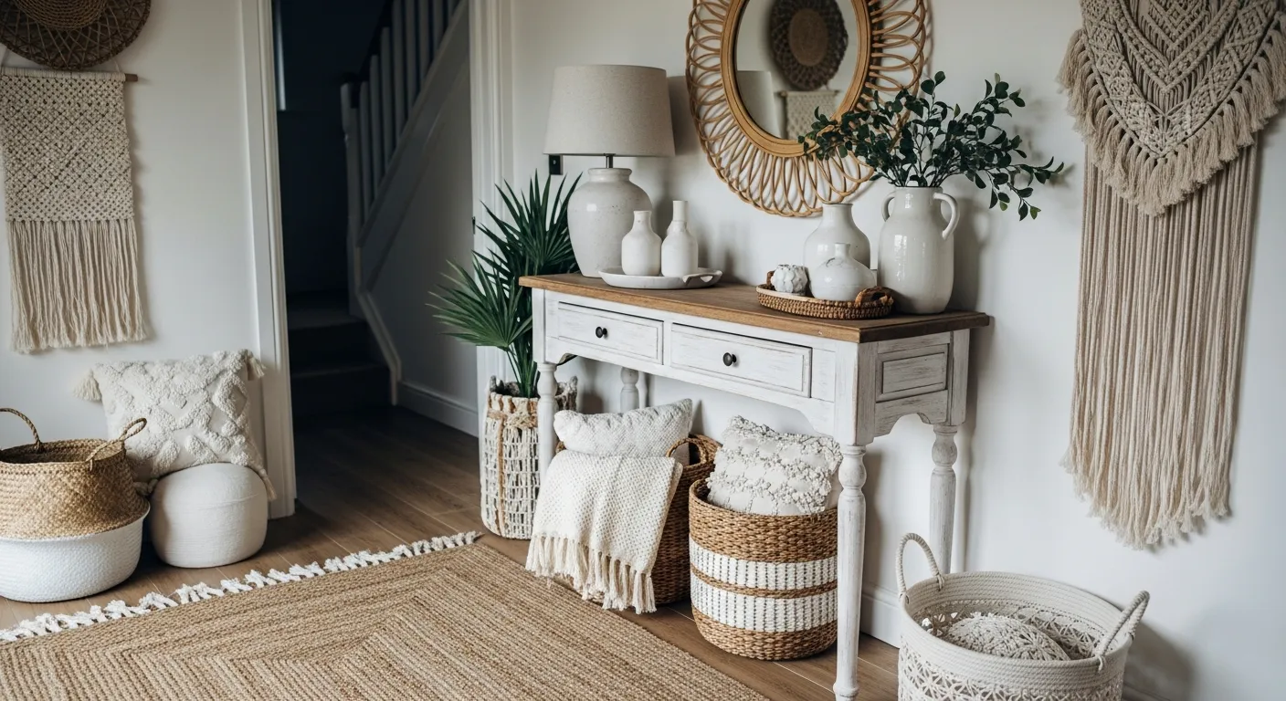Console table styling for white bohemian entryway ideas using warm wood tones