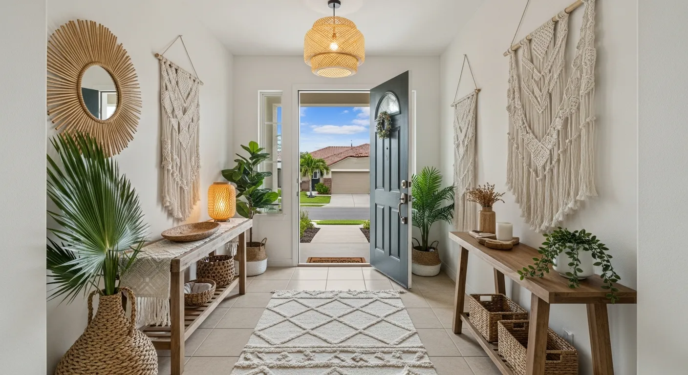 Bohemian entryway ideas featuring rattan mirror and potted plants for decor