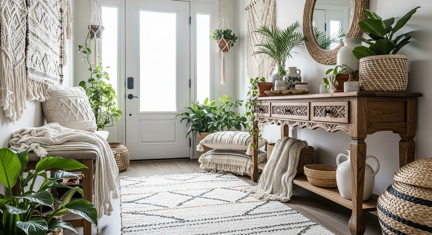 Styling tips for bohemian entryway ideas featuring rattan console table and woven wall decor