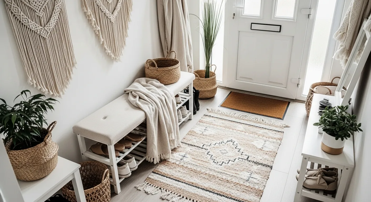 Vertical styling for bohemian entryway ideas with macrame wall art and plants