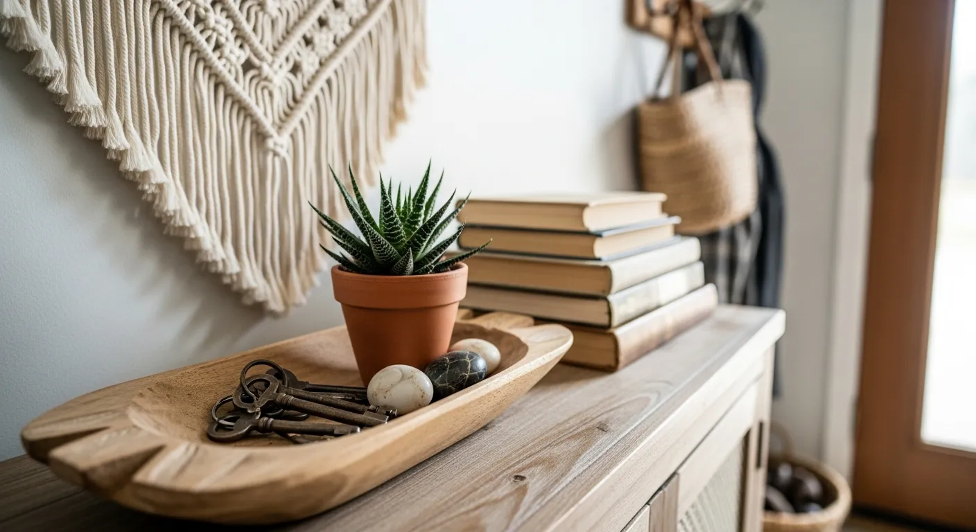 Budget friendly white bohemian entryway ideas with rattan mirror and bench