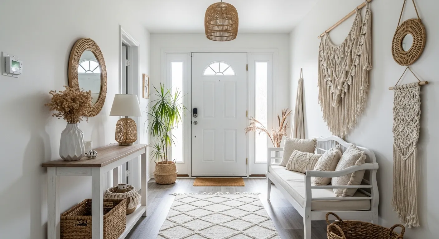 Bright white bohemian entryway ideas featuring textured decor and natural wood accents