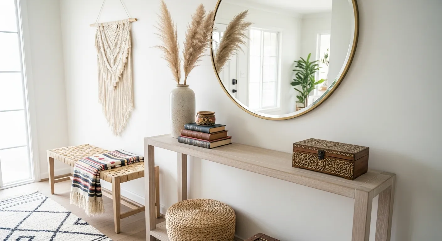 White bohemian entryway ideas using a wooden bench and natural greenery