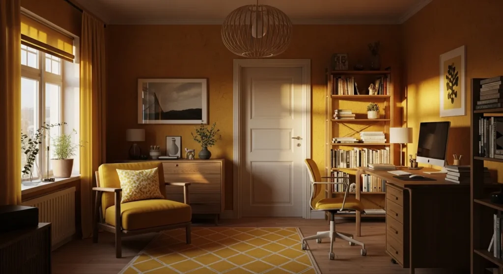 Bright Scandi home office featuring a yellow chair and light wood desk