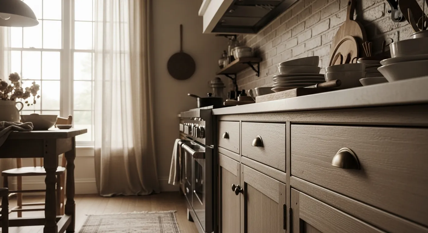 Beautiful beige farmhouse kitchen featuring cozy rustic wooden accents and warm everyday lighting