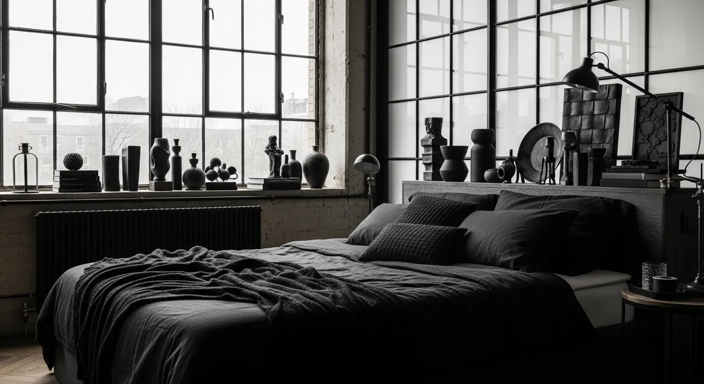 Industrial bedroom ideas color palette featuring a black metal bed frame, charcoal gray moody bedding, and vintage lighting.
